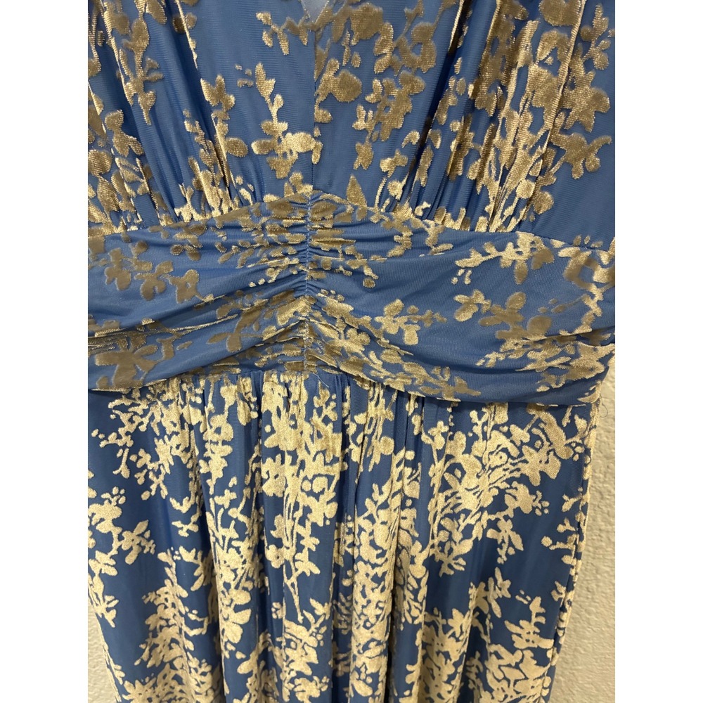 Baltic Born Women Blue Gold Floral Burnout Velvet Maxi Dress V-Neck Smocked L - Picture 5 of 5